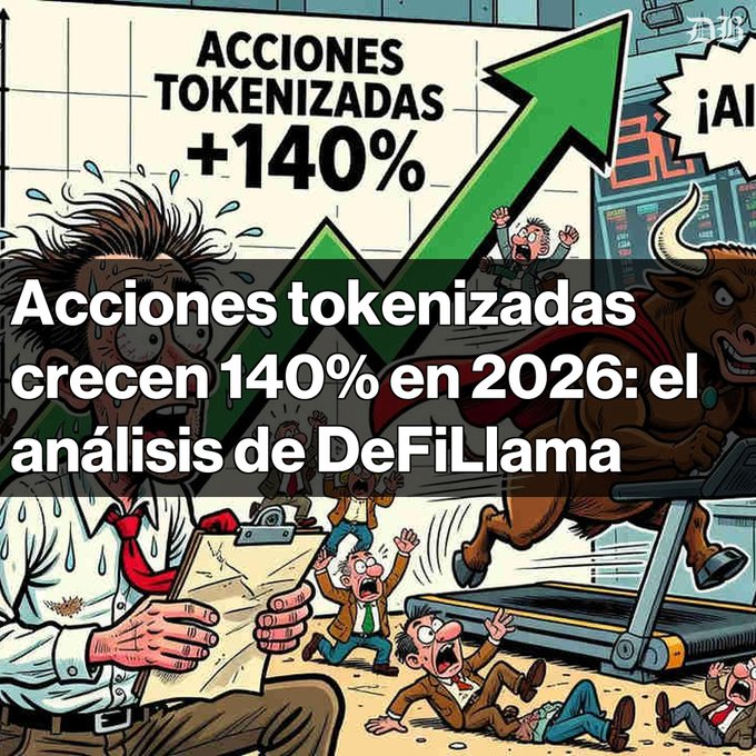 A cartoon-style financial graphic in Spanish with the text 'ACCIONES TOKENIZADAS +140%' and 'Acciones tokenizadas crecen 140% en 2026: el análisis de DeFiLlama,' depicting panicked investors and a charging bull.