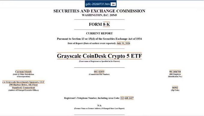 The image shows an SEC Form 8-K Current Report filing dated July 31, 2026, for the "Grayscale CoinDesk Crypto 5 ETF" (Commission File Number 001-42855, IRS Employer ID 98-1806784), registered in the Cayman Islands with principal executive offices at Grayscale Investments Sponsors, LLC in Stamford, Connecticut—corresponding to the post's announcement of a quarterly rebalance that will adjust allocations, including for $XRP, across the fund.