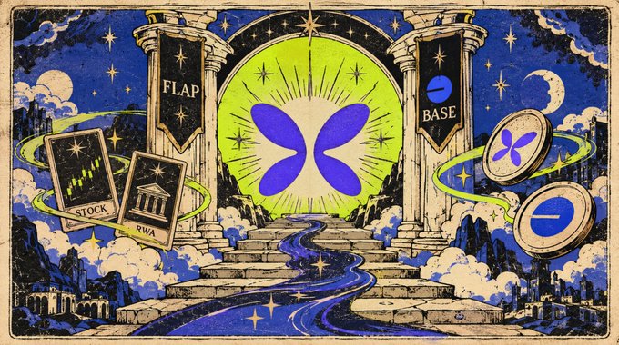 A fantasy illustration with classical pillars labeled 'FLAP' and 'BASE', depicting tarot-like cards and blue butterfly symbols around a glowing green moon.