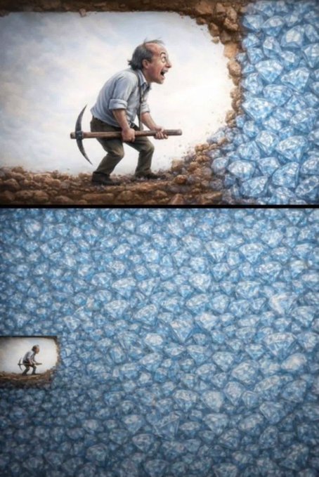 A conceptual illustration showing a man with a pickaxe digging into a massive wall of blue diamonds in the top panel, with the bottom panel revealing he has barely made a dent in the enormous diamond deposit.
