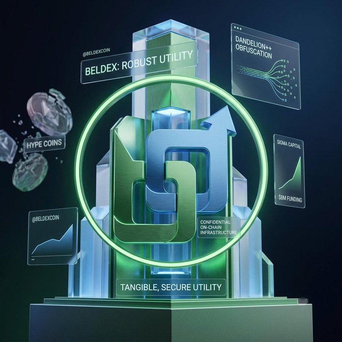 A promotional graphic for 'BELDEX: ROBUST UTILITY' featuring a glowing green and blue 3D logo, highlighting 'TANGIBLE, SECURE UTILITY' with callouts for 'DANDELION++ OBFUSCATION', 'SIGMA CAPITAL $8M FUNDING', 'CONFIDENTIAL ON-CHAIN INFRASTRUCTURE', and 'HYPE COINS'.