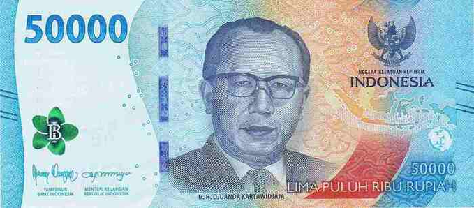 The image features an Indonesian five-dollar bill with a man's face printed on it, along with the text "Indonesia" and "XUOPULU RURPH". The bill has a denomination of 50000 Indonesian rupiahs and is valued at 3 US dollars.