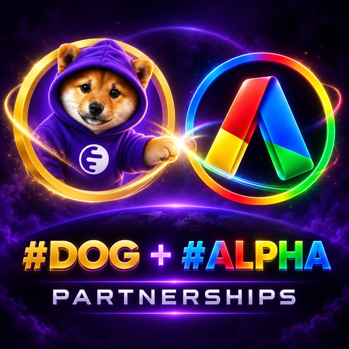 A vibrant promotional graphic shows a Shiba Inu dog in a purple hoodie next to a colorful 'A' logo, with the text '#DOG + #ALPHA PARTNERSHIPS'.