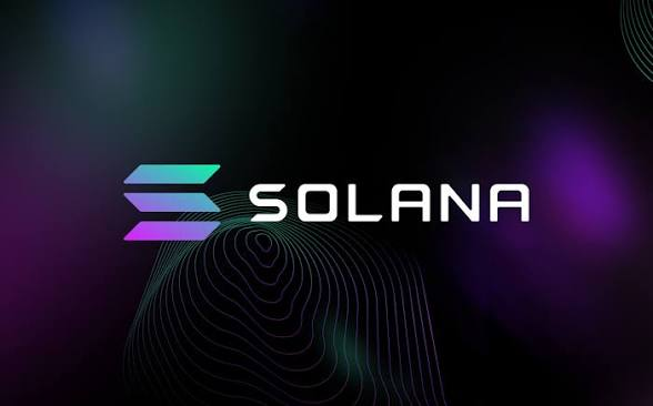 Solana cryptocurrency logo displayed against a dark background with purple and green gradient lighting and abstract wave patterns.