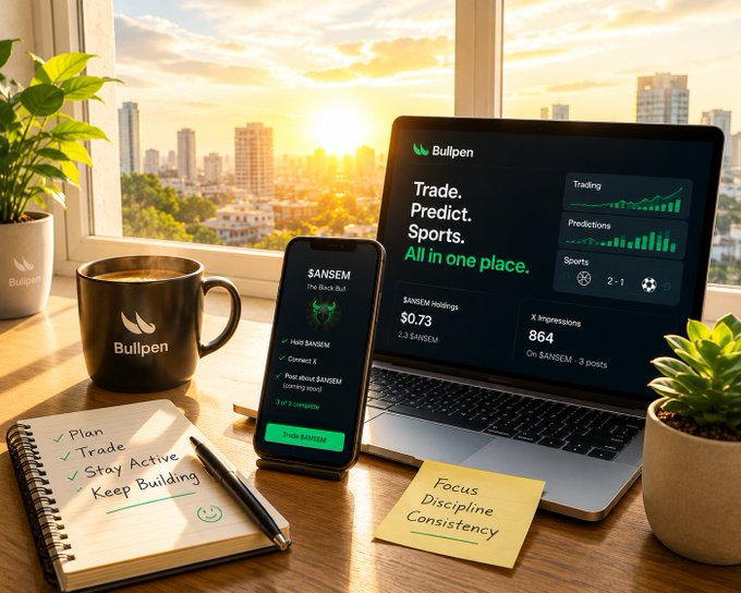 A lifestyle product photo showing a laptop and smartphone displaying the 'Bullpen' platform interface ('Trade. Predict. Sports. All in one place.'), alongside a branded coffee mug, a plant, and handwritten notes reading 'Plan, Trade, Stay Active, Keep Building' and 'Focus, Discipline, Consistency'.