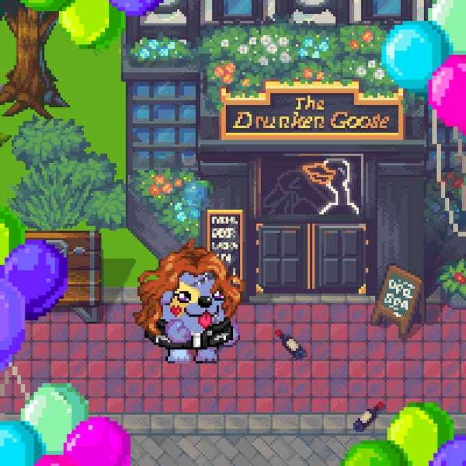 A pixel-art hedgehog mascot stands outside a bar called "The Drunken Goose," surrounded by colorful balloons and discarded bottles on the cobblestone street, promoting the upcoming KanstarWorld Integration Energy Party on July 3 at 5 PM UTC. The festive scene of celebration outside the neon-lit venue matches the party's lively, party-ready theme.