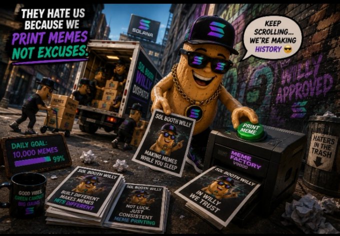 A chaotic street-style meme poster featuring a peanut character in Solana gear with text including 'THEY HATE US BECAUSE WE PRINT MEMES NOT EXCUSES', 'KEEP SCROLLING... WE'RE MAKING HISTORY', and 'WILLY APPROVED'.
