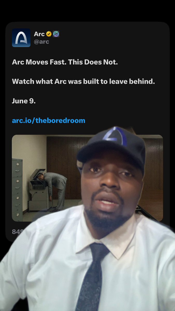 The image features a man wearing a white shirt and tie who appears to be a businessman or an office worker. He has his head tilted back, possibly posing for a photo or video. The caption of the image reads "Finance today still moves like it's waiting for permission. The bored room is satire, but it reflects something real, a system where value waits while everything else is instant. That delay is the problem, that delay is what @arc is built to leave behind." This caption seems to be related to the post about Arc Moves Fast and how it relates to the office environment.