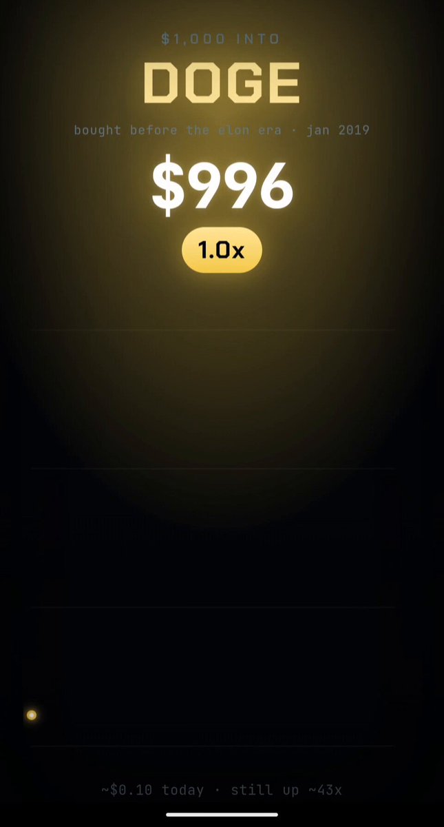 The image shows a screen with a message stating "POV you invested $1,000 into $DOGE before Elon pumped it". The main focus of the image is an amount of money being invested, which appears to be a significant sum from the context provided in the post.