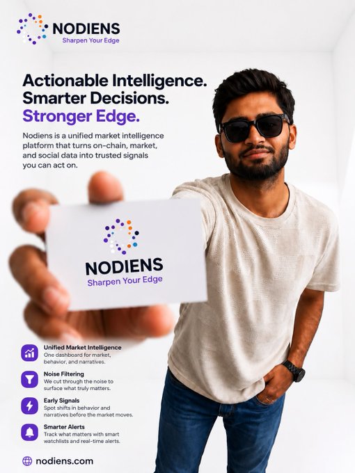 A man wearing sunglasses holds out a card displaying the "NODIENS – Sharpen Your Edge" logo, promoting the platform's tagline "Actionable Intelligence. Smarter Decisions. Stronger Edge." and highlighting features like unified market intelligence, noise filtering, early signals, and smarter alerts. The image visually reinforces the post's message about Nodiens solving the lack of context in crypto data by showcasing the brand's promise of delivering clear, actionable insights rather than raw information.