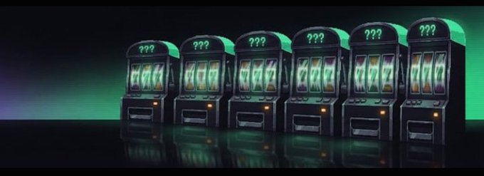 A row of six slot machines displays "???" on their top panels alongside spinning reels, visually representing the chance-based NFT mint giveaway of 3,333 free spots in partnership with @SolanaMachines on the Solana chain.