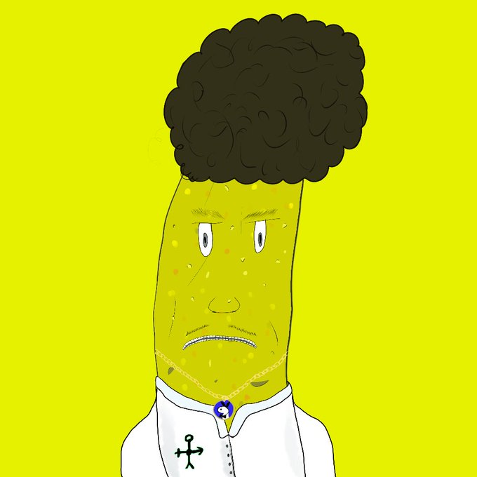 A cartoon-style illustration of a yellow character with a dark afro hairstyle, a sad expression, and a white clerical collar featuring an inverted cross pendant.