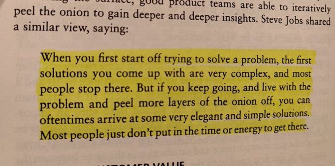 A page from a book featuring a highlighted Steve Jobs quote about peeling back layers of complex problems to find elegant solutions.