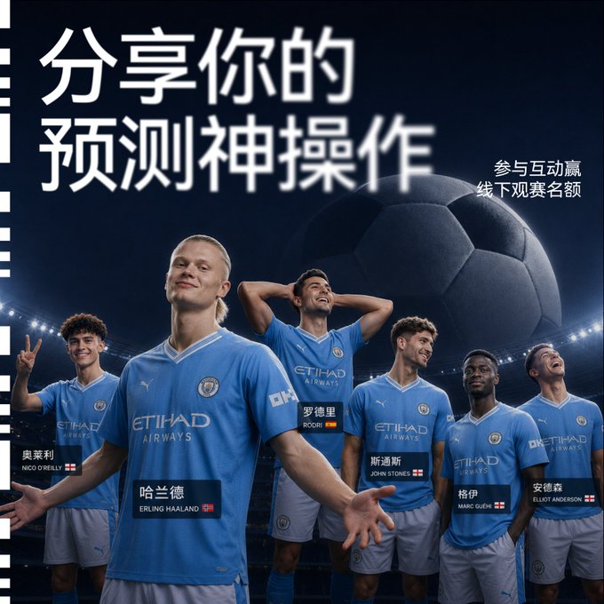 The image is a promotional poster featuring Manchester City players Nico O'Reilly, Erling Haaland, Rodri, John Stones, Marc Guehi, and Elliot Anderson in their light blue Etihad Airways kits, standing in front of a stadium backdrop with Chinese text reading "分享你的预测神操作" (Share your prediction god-tier plays) and "参与互动赢线下观赛名额" (Participate to win offline viewing spots). The poster ties to the accompanying post about OKX's World Cup prediction campaign, highlighting Haaland's goals and Rodri's Ballon d'Or as "god-tier plays" by Man City players, encouraging fans to share their own prediction moments for a chance to win offline viewing tickets.