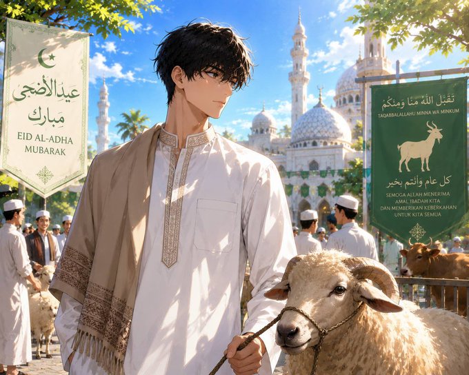 The image features a man dressed in white, holding a stick with a sheep by his side. The man appears to be leading the animal towards an event or gathering. In the background, there are several people standing around, possibly attending the same event as the man and the sheep. A banner is also visible in the scene, which reads "Happy Eid al-Adha Fam".