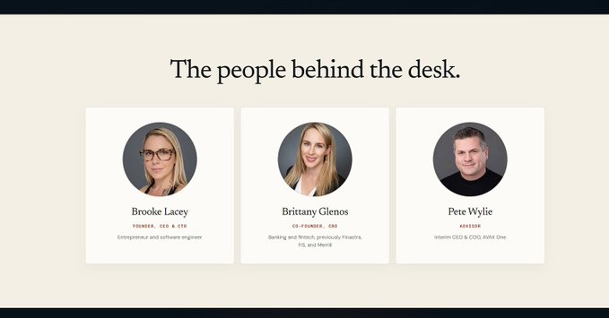 A webpage header reading 'The people behind the desk' featuring photos and bios of Brooke Lacey (Founder, CEO & CTO), Brittany Glenos (Co-Founder, CRO), and Pete Wylie (Advisor).