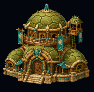 A ornate, dome-topped fantasy building with teal and stone accents and banner flags, representing a level 14 Town Hall upgrade in the SQUAD Village game on Vechain. The structure visually corresponds to the player's milestone achievement, showcasing the expanded, upgraded architecture that comes with higher-level on-chain building progression.