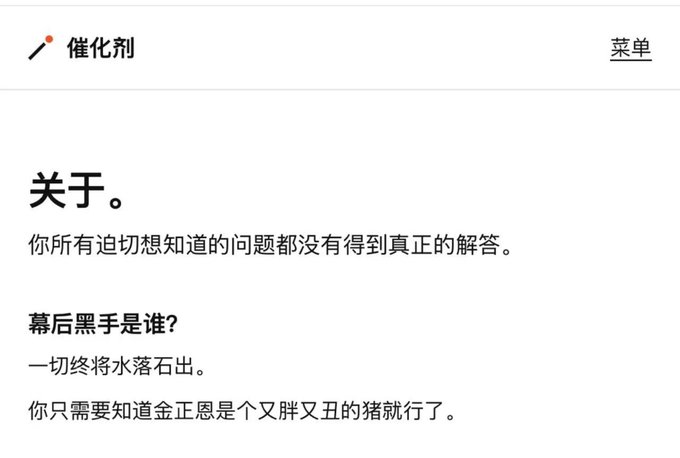 A mobile app screenshot titled "催化剂" (Catalyst) by 菜单 (Menu), featuring an "About" (关于) section with Chinese text including the question "幕后黑手是谁?" (Who is the mastermind behind the scenes?) and mentions 金正恩.
