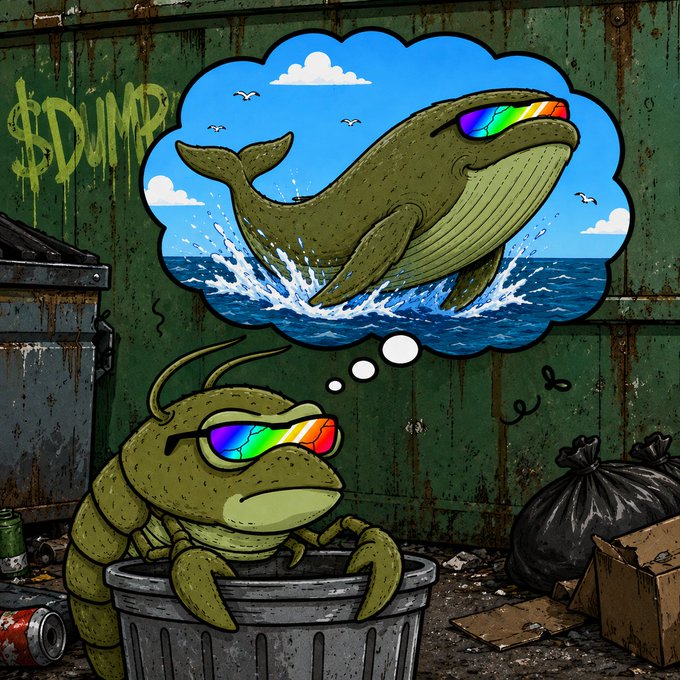 An illustration of a green insect-like creature wearing rainbow sunglasses sitting in a trash can, dreaming of breaching like a whale, with '$DUMP' graffiti visible on the wall.