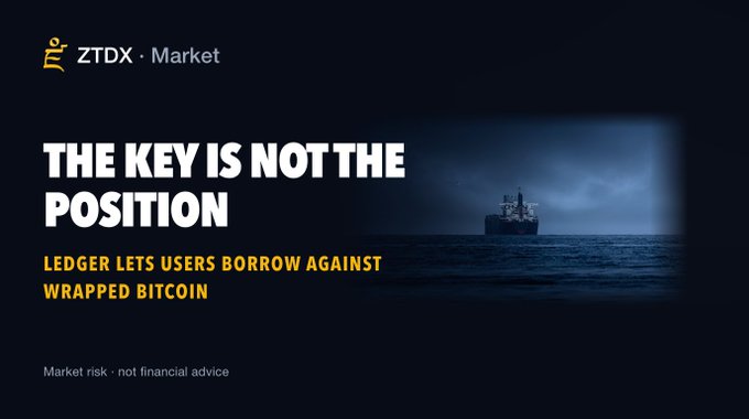 A ZTDX Market promotional graphic with the headline 'THE KEY IS NOT THE POSITION' and subtitle 'LEDGER LETS USERS BORROW AGAINST WRAPPED BITCOIN', featuring a ship at sea and the disclaimer 'Market risk · not financial advice'.