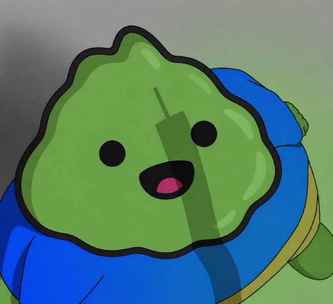An illustration of a cartoon character with a green, blob-like head, small black eyes, and a smiling mouth, wearing a blue shirt against a grayish background.
