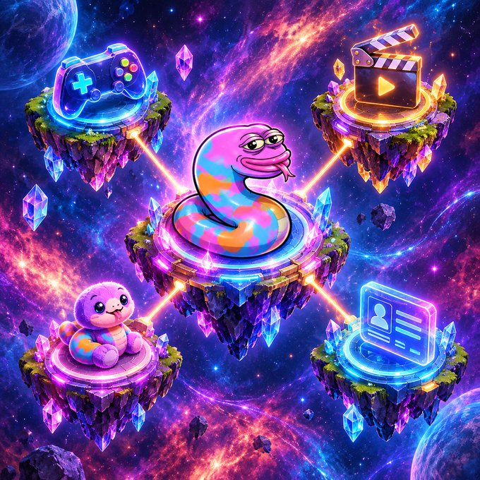 A vibrant digital illustration shows a colorful cartoon snake surrounded by floating islands in space, connected by yellow lasers to icons of a gaming controller, a film clapperboard, a plush toy, and a user profile card.