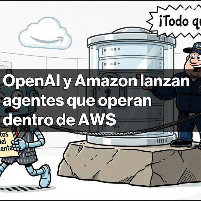 A Spanish-language cartoon illustration with the text 'OpenAI y Amazon lanzan agentes que operan dentro de AWS', depicting a robot approaching an AWS data center guarded by an Amazon employee.