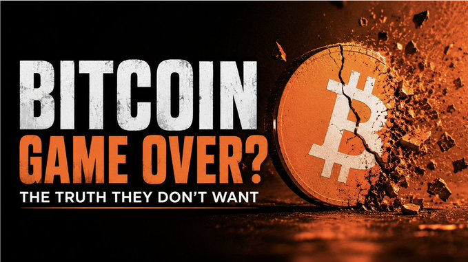 YouTube-style thumbnail with a cracked Bitcoin coin on a fiery orange background, featuring the bold text 'BITCOIN GAME OVER? THE TRUTH THEY DON'T WANT'.