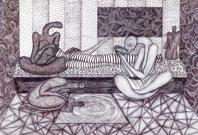 The image features an abstract drawing of three people sitting on a bed, with one person holding a book or newspaper while another person looks down at their phone. The drawing includes various elements such as a chair, a dog, and a cat. The post is about art and has been tagged with the hashtag #art.