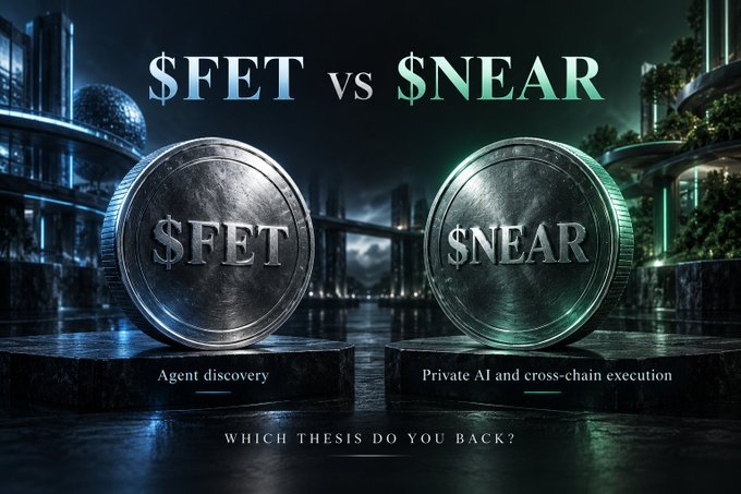 A crypto comparison image showing '$FET vs $NEAR' with two large metallic coins on pedestals in a dark futuristic cityscape, labeled 'Agent discovery' and 'Private AI and cross-chain execution', with text 'WHICH THESIS DO YOU BACK?' below.