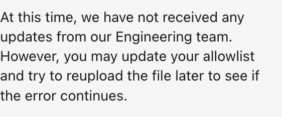 A screenshot of a message stating: "At this time, we have not received any updates from our Engineering team. However, you may update your allowlist and try to reupload the file later to see if the error continues."

The image shows a lackluster support response regarding an OpenSea allowlist/minting issue, aligning with the post's frustration that OpenSea support failed to resolve the eligibility error affecting @TheProjectR3D's mint.