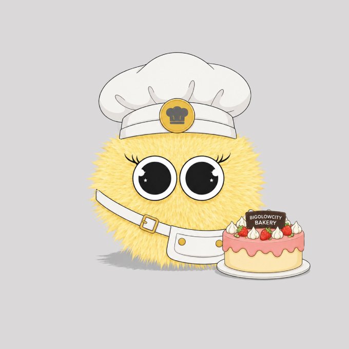 A cute yellow fuzzy character wearing a white chef's hat with a chef hat logo and an apron stands next to a cake labeled 'BIGOLOWCITY BAKERY' decorated with strawberries.