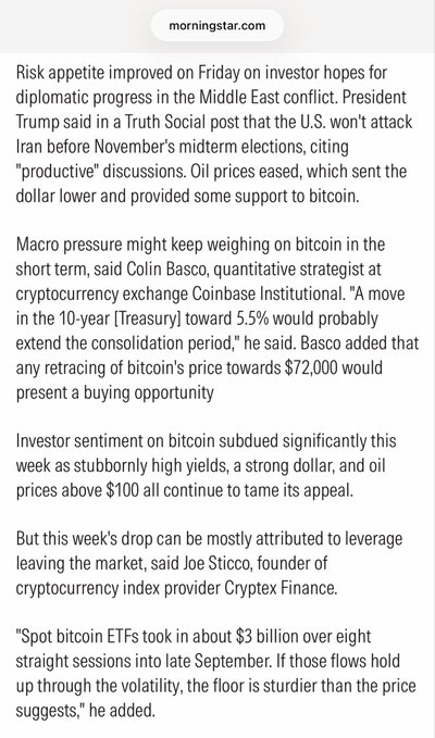 An article from morningstar.com discussing macroeconomic factors affecting bitcoin, including the 10-year Treasury yield, oil prices above $100, and statements from analysts Colin Basco and Joe Sticco regarding investor sentiment.