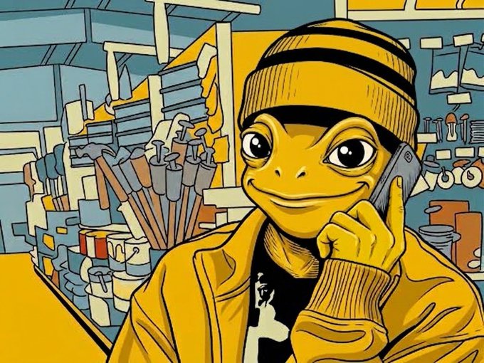 A stylized cartoon illustration depicts a yellow lizard-like character wearing a beanie and holding a phone to its ear in what appears to be a hardware store.
