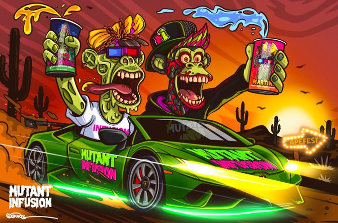 A vibrant cartoon illustration titled 'MUTANT INFUSION' showing two zombie-like green characters in a green sports car at a desert 'JUICEFEST,' holding energy drink cans labeled 'MARTINI' under splashing yellow and blue liquids.