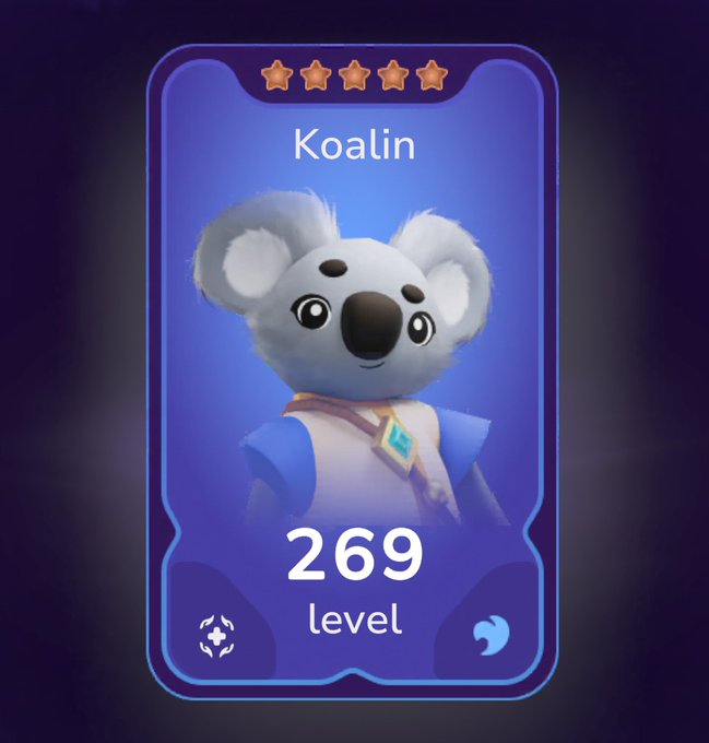The image features a cartoon koala bear wearing a blue shirt with a gold emblem, standing against a purple background. The koala appears to be smiling at the camera. Below the koala, there's a scorecard that reads "I like @sleepagotchi mornings! Slept well, opened a pack for Koalin lvl 269 and the sleep coach told me I am getting healthier!".