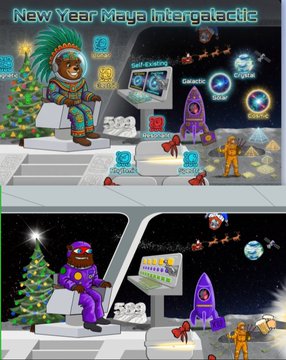 Two screenshots from a retro pixel-art space game titled "New Year Maya Intergalactic" show festive holiday-themed scenes with characters in spacesuits near Christmas trees, alongside menu options like "Self-Examine," "Knock," and "Galactic Crystal" that humorously relate to the post's mention of an upcoming date (August 8th/July 26th Julian calendar) tied to bearableguy123's posts.