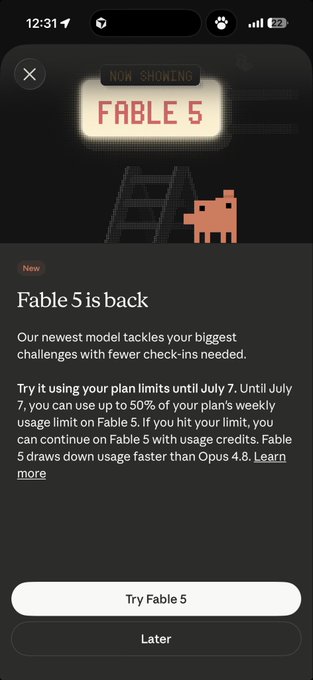 A mobile app notification screen announces 'Fable 5 is back', describing new model limits and offering 'Try Fable 5' and 'Later' buttons.