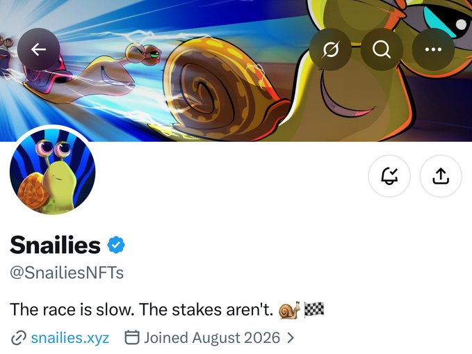 Twitter/X profile page for 'Snailies' (@SnailiesNFTs) featuring an animated snail character as the header and avatar, with the bio 'The race is slow. The stakes aren't.'