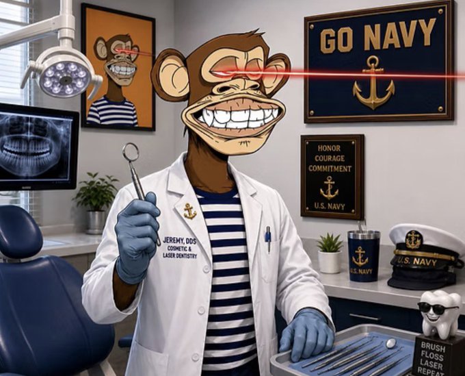 The image features a cartoon monkey holding dental tools such as a toothbrush and dental drills while standing in front of a dental office chair. The caption reads "FROM SEA TO SHINING TEETH" which suggests that the monkey is promoting dental hygiene, specifically focusing on the importance of maintaining good oral health.