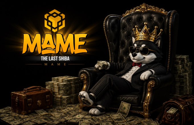 A crowned Shiba Inu in a pinstripe suit and sunglasses lounges on a throne surrounded by stacks of cash and luggage, with the text "MAME - THE LAST SHIBA - MAME" and the BNB Chain logo displayed prominently, embodying the post's description of MAME as a royal, community-driven meme token gaining cultural value and liquidity on BNB Chain.