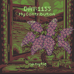 A pixel-art style retro illustration of pink lilac flowers in a vase near a window, labeled "DAY:1155 © My Contribution" and "sirantle".