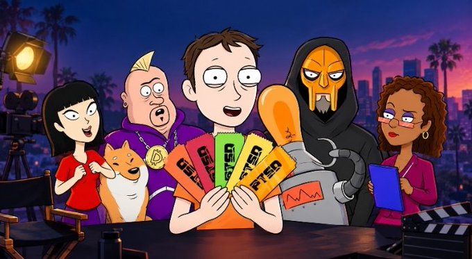 Cartoon-style promotional image showing characters including a Shiba Inu dog, a man holding tickets labeled 'PTSB' and 'BETS', and figures resembling celebrities, set against a sunset city skyline backdrop.