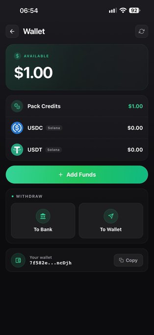 A mobile wallet screen showing an available balance of $1.00 in Pack Credits, with options to add funds, withdraw to bank or wallet, and a partial wallet address '7fS82e...ncBjh'.