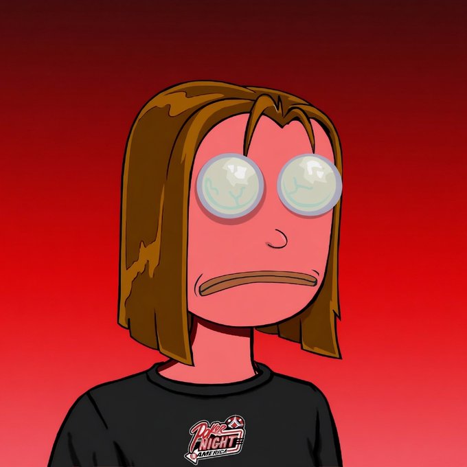 A cartoon character with brown hair, wide round eyes, and a flat expression, wearing a black 'Pro NIGHT AMERICA' t-shirt against a red background.