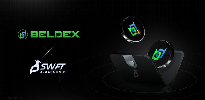 A promotional graphic for a partnership between 'BELDEX' and 'SWAT BLOCKCHAIN', featuring a black phone case and a smartwatch displaying their logos.