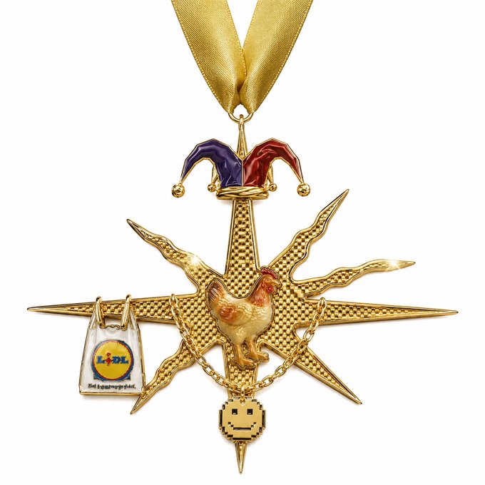 An ornate gold-colored pendant or medal hanging from a yellow ribbon, featuring a starburst design, a jester hat, a rooster, a small bag labeled 'Lidl', and a smiley face charm.