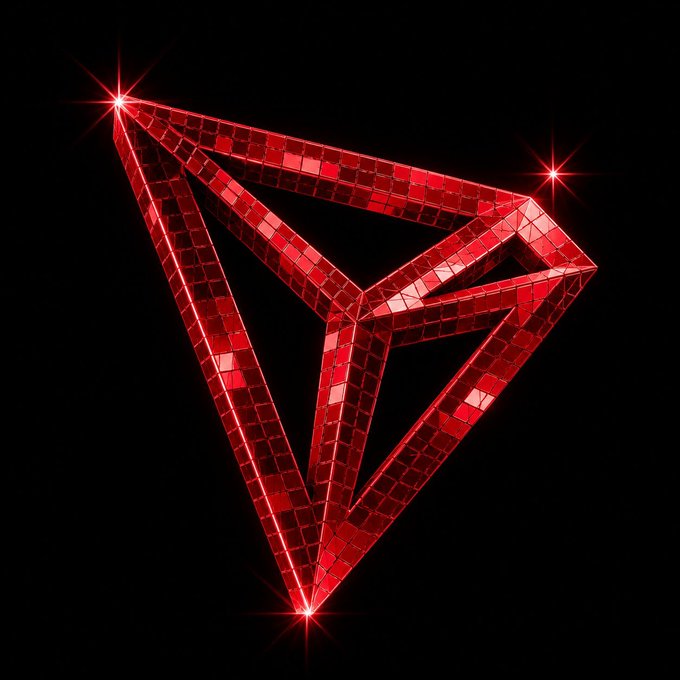 A 3D-rendered red, crystalline, diamond-like geometric shape resembling the TRON logo on a black background.