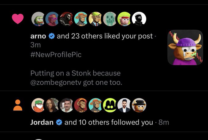 A dark-themed social media notification panel showing that user 'arno' (verified) and 23 others liked a post featuring a cartoonish profile picture, captioned 'Putting on a Stonk because @zombegonetv got one too.' Below, 'Jordan' and 10 others followed the user.