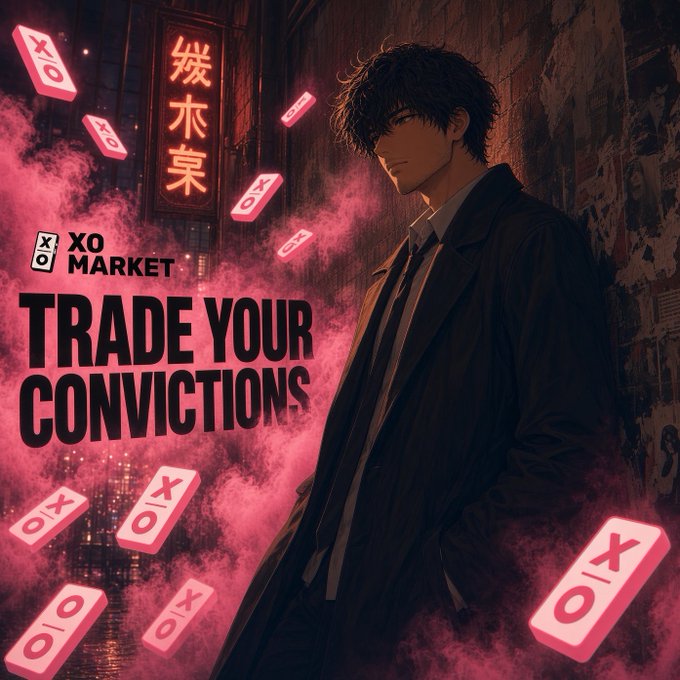 An anime-style promotional graphic for XO Market with the text 'TRADE YOUR CONVICTIONS' featuring a dark-haired man in a coat surrounded by pink smoke and X/O symbols.
